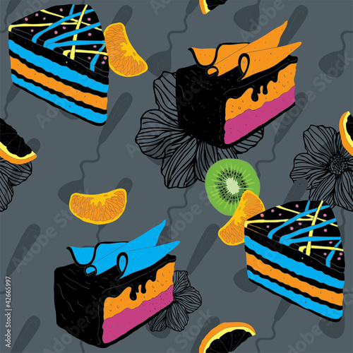 Cakes Seamless Pattern With Spoon Kiwi and Orange