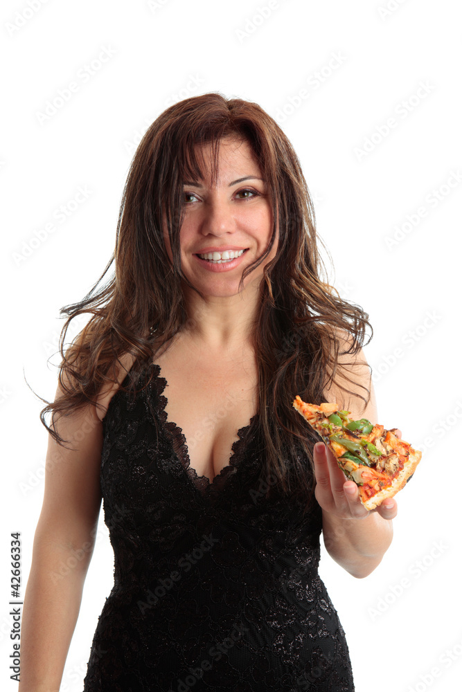 Woman holding a slice of pizza