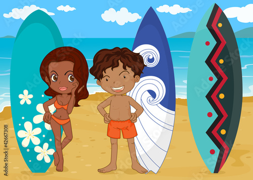 a boy and girl with surf pad