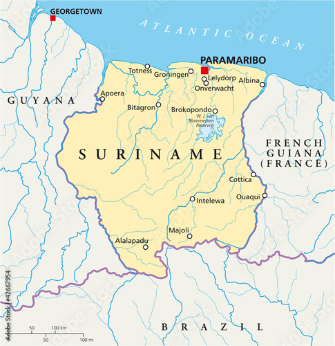 Suriname political map with capital Paramaribo, national borders, most important cities, rivers and lakes. With English labeling and scaling. Illustration. Vector. photo