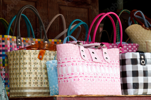 Closeup of colorful plastic woven shopping bags