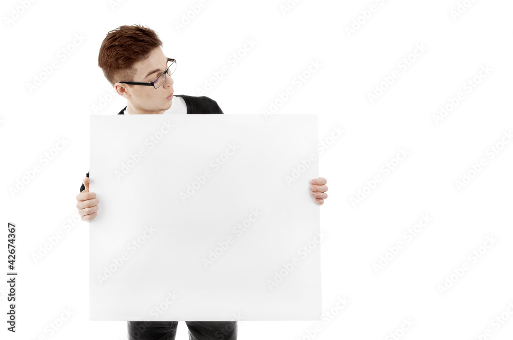 Young man with a blank baner Young man with a blank baner