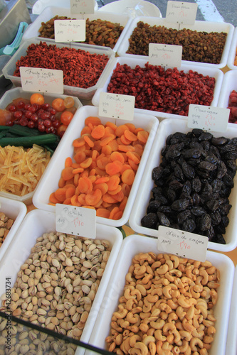 nuts, raisins and dried fruit on a french market