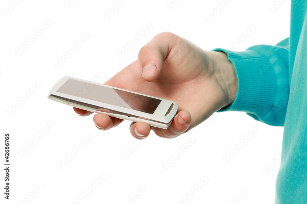 A man using a mobile phone, isolated on white
