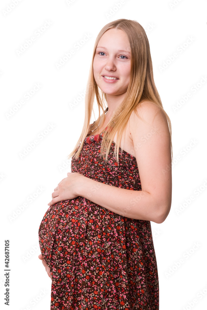 portrait of happy pregnant woman. isolated on white background