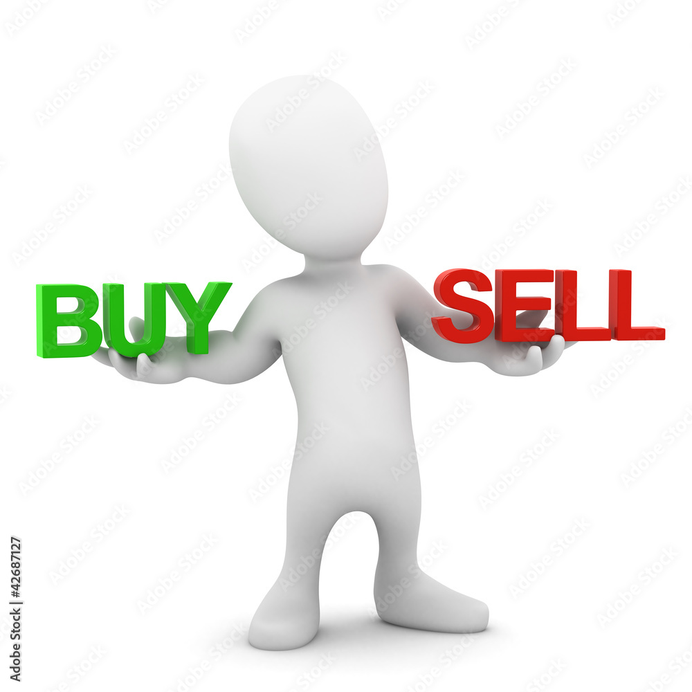 3d Little man choose between buy and sell 3d Little man choose between buy and sell