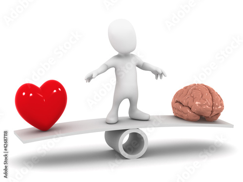 3d Little man balances heart and mind