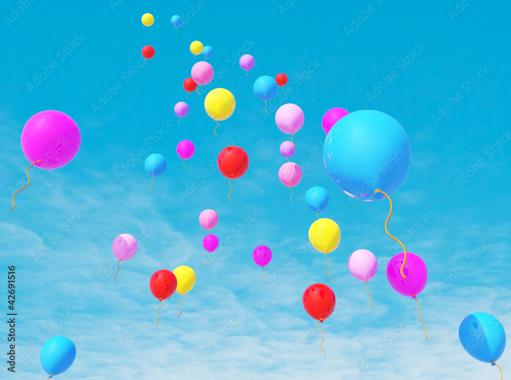 Rubber balloon with blue sky to created by three dimensional sof