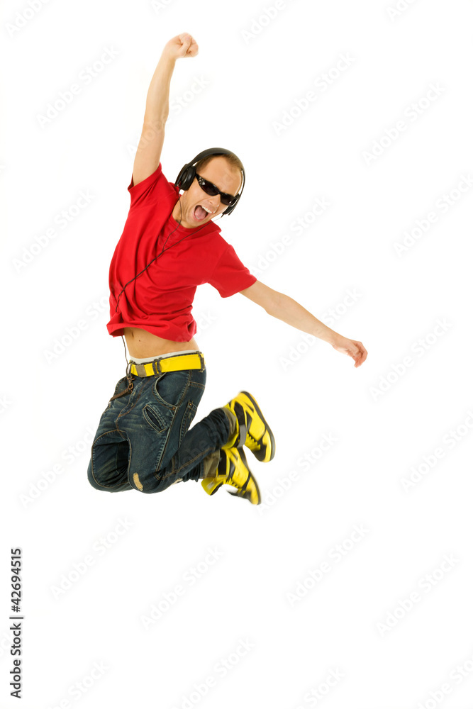young excited man jumping in the air