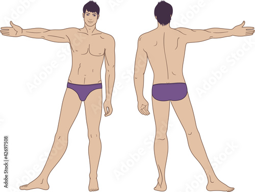 Full length (front & back) views of a standing naked man