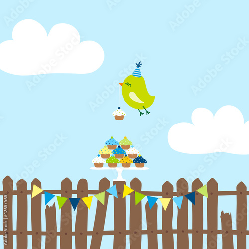 Flying Green Bird 10 Cupcakes Fence 2 Buntings Blue