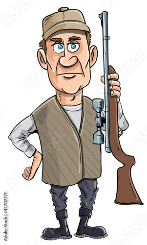 Cartoon hunter holding his gun. Isolated