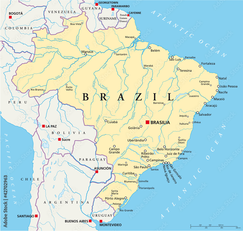 Brazil Political Map With Capital Brasilia, National Borders And