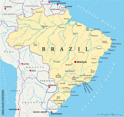 Brazil political map with capital Brasilia, national borders, most important cities, rivers and lakes. Illustration with English labeling and scale. Vector. photo