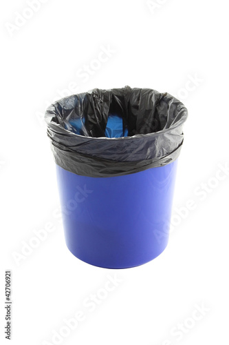 Blue plastic trash and garbage bag on white background.