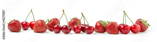Fresh Cherries and Strawberries on White Background