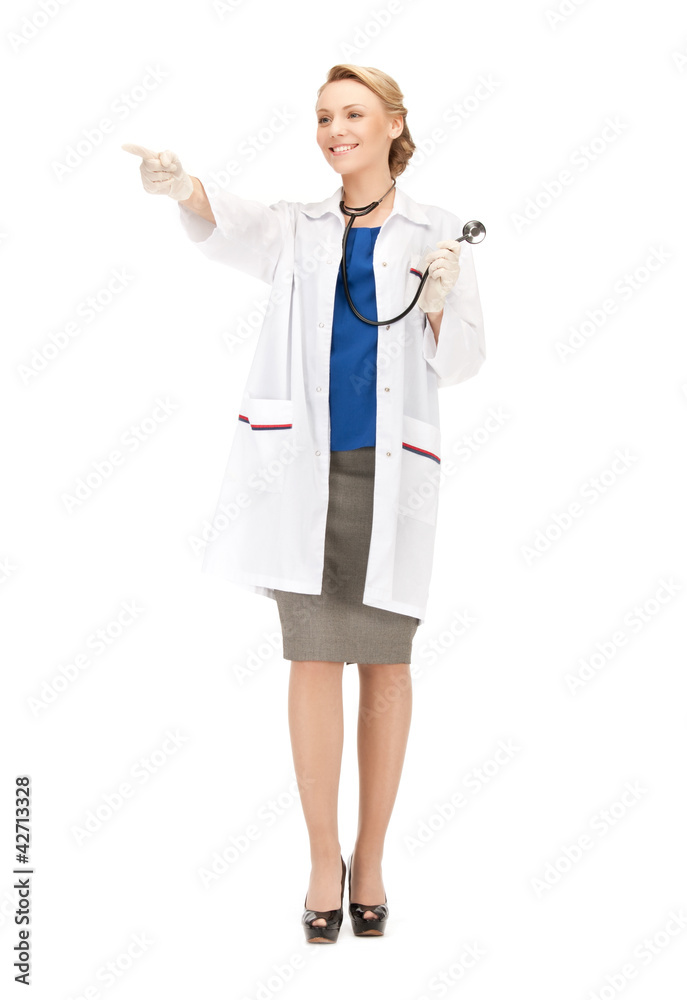 attractive female doctor pointing her finger attractive female doctor pointing her finger