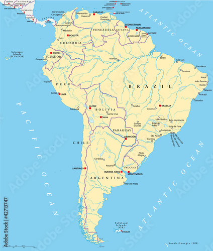 South America political map with single states, capitals, most important cities, national borders, lakes and rivers. Illustration with English labeling and scaling. Vector.