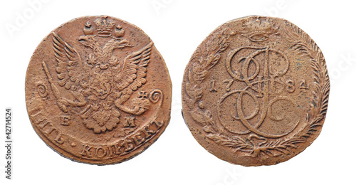 Coin of imperial Russia. 5 cents in 1784. Minting of Catherine I