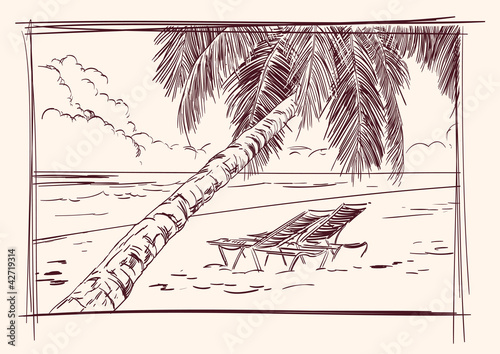 vintage postcard of summer beach with the sea hand drawn