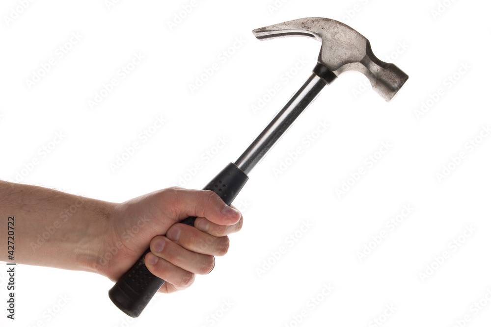 Man holding a old metal hammer, isolated on a white background Man holding a old metal hammer, isolated on a white background
