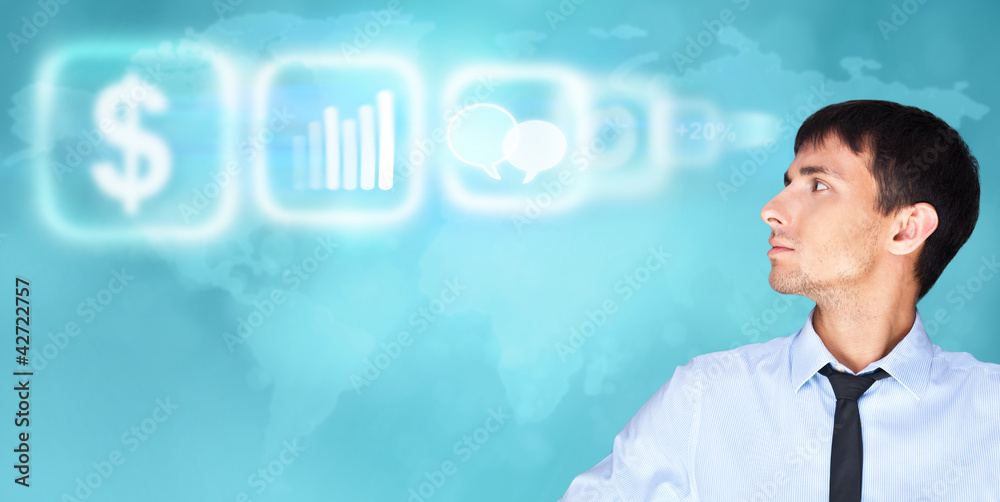 Man working with virtual interface on blue digital background Man working with virtual interface on blue digital background