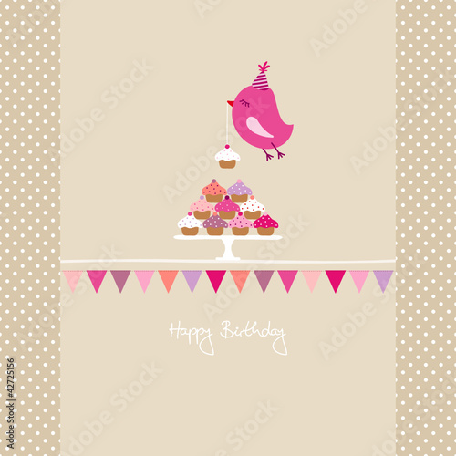 Flying Pink Bird 10 Cupcakes Bunting Beige Dots