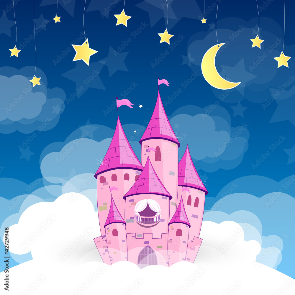 Vector illustration of a princess castle at night - obrazy, fototapety, plakaty 