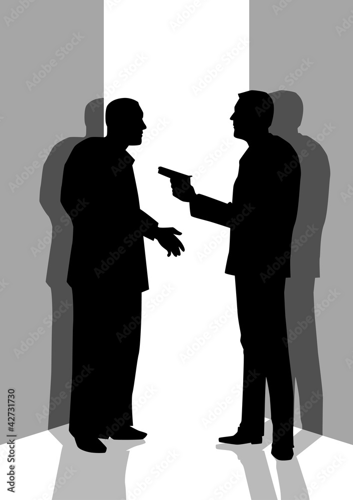 Silhouette illustration of a man threatening someone with a gun