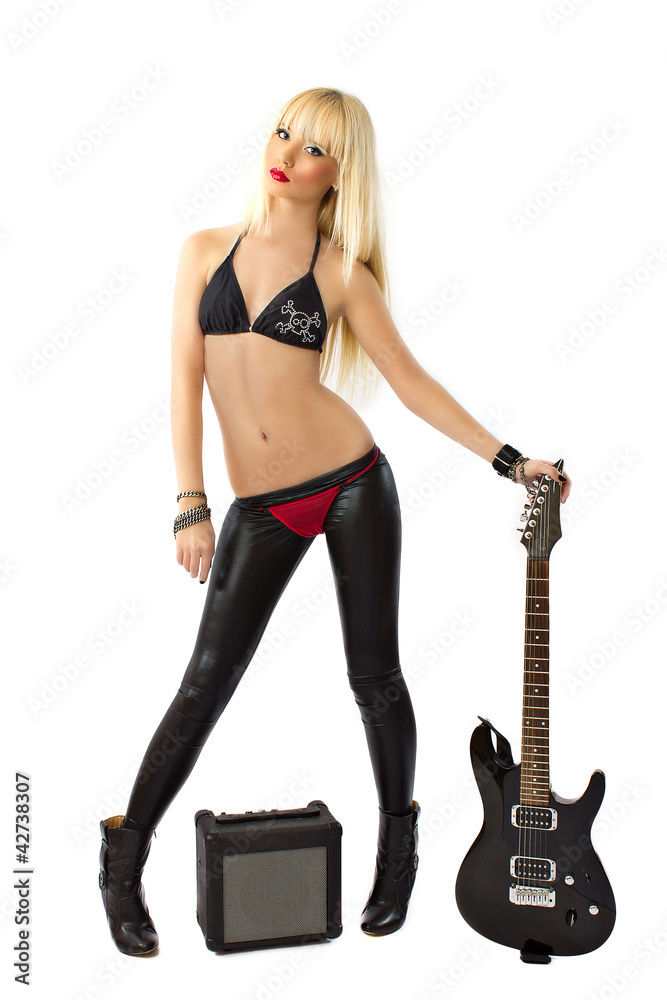 Sexy blonde girl with black electric guitar Stock Photo | Adobe Stock