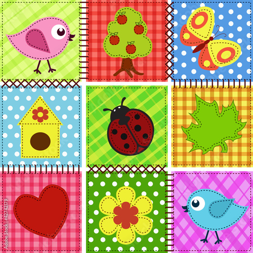 Patchwork with birds and birdhouses. Baby seamless background