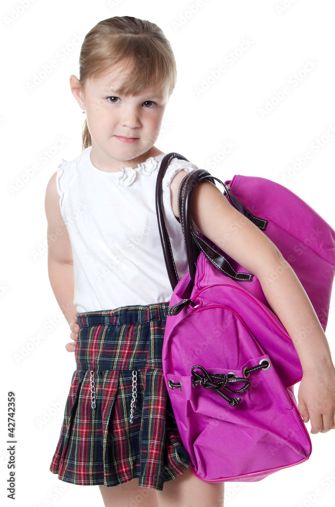The little girl with a lilac bag isolated