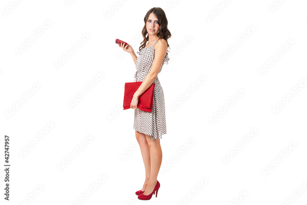 attractive business woman with a red purse attractive business woman with a red purse