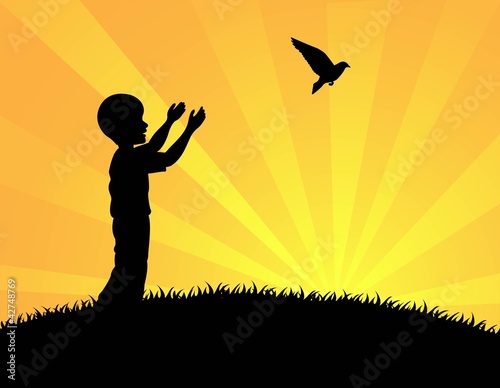 Little boy releasing a white pigeon