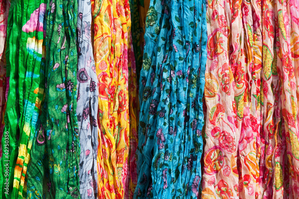 Colorful scarfs and on a market stall