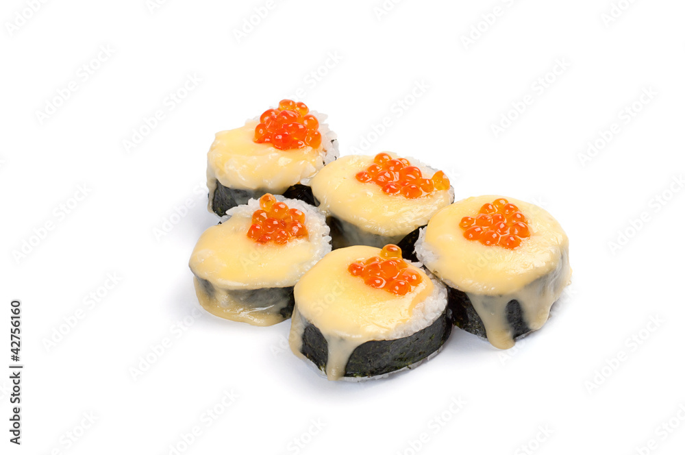 Futomaki. Ikura cheese. On a white background. Red caviar, tobik Futomaki. Ikura cheese. On a white background. Red caviar, tobik