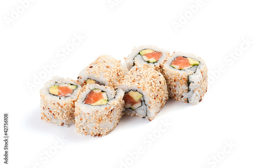 Uramaki. California salmon. On a white background. Salmon, avoca