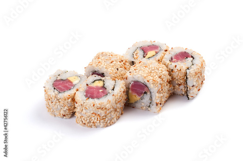 Uramaki with tuna. On a white background. Tuna, rice, sesame see