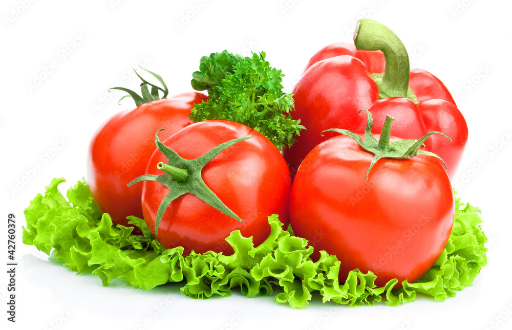 Three tomato, paprica, parsley and lettuce Isolated on a white b Three tomato, paprica, parsley and lettuce Isolated on a white b