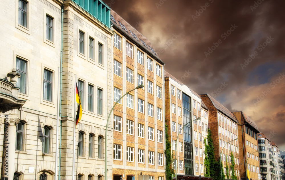 Row of Buildings in Berlin with dramatic Sky