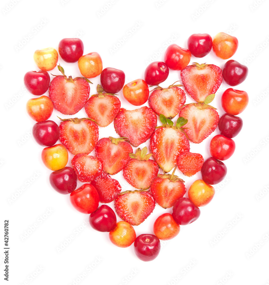 Cherries and strawberries in heart shape Cherries and strawberries in heart shape