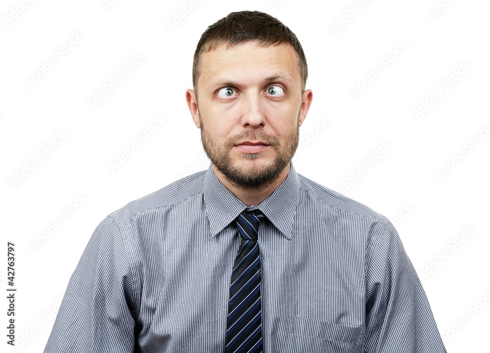 Funny bearded businessman makes funny eyes on white Funny bearded businessman makes funny eyes on white
