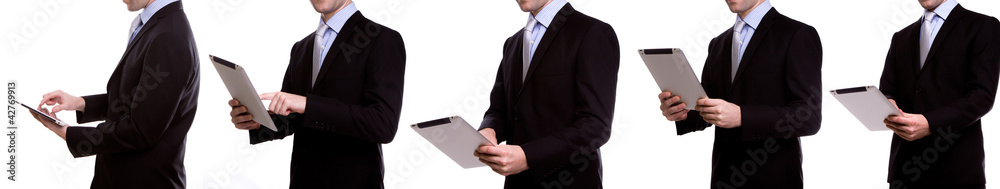 Collection of young business man using a touch screen device aga Collection of young business man using a touch screen device aga