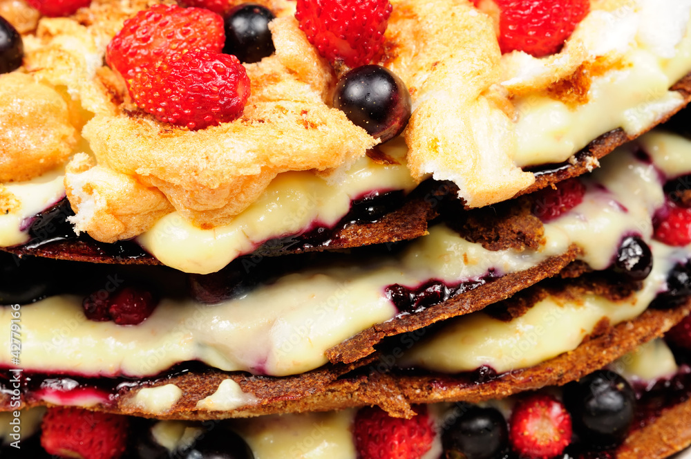 Delicious Homemade Cake with Custard and Fresh Berries Delicious Homemade Cake with Custard and Fresh Berries