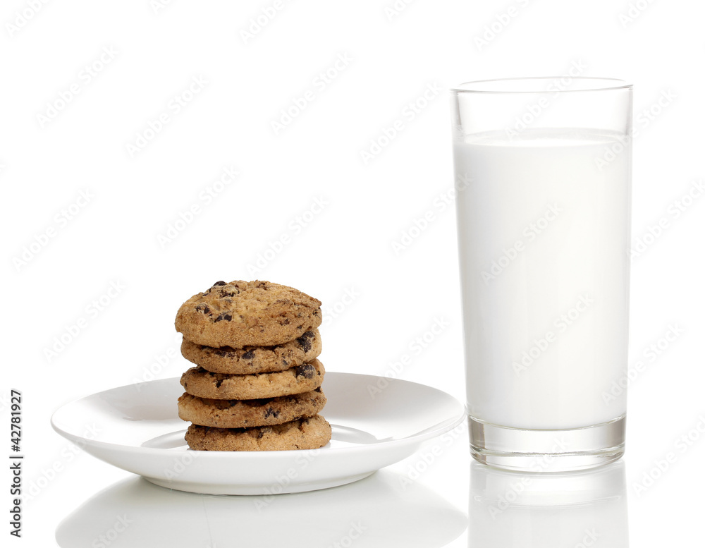 Glass of milk and cookies isolated on white Glass of milk and cookies isolated on white