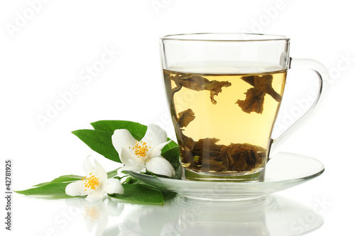 cup of green tea with jasmine flowers isolated on white