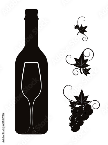 Symbolic wine bottle and glass with floral deco elements i/w