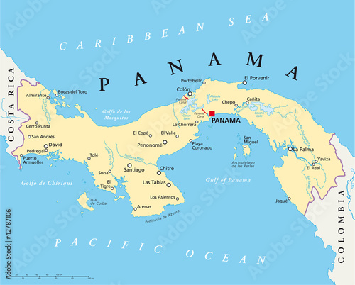 Panama political map with capital Panama City  national borders  most important cities  rivers and lakes. Illustration with English labeling and scaling. Vector.