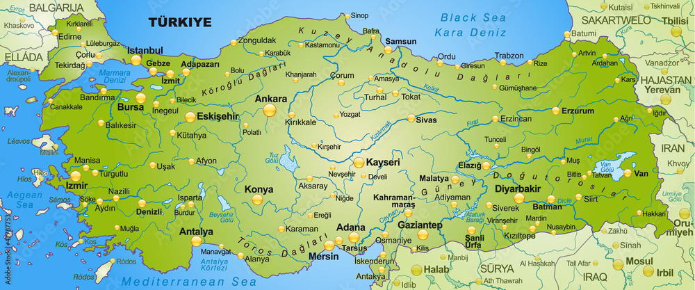Obraz premium Umgebungskarte der Türkei mit Hauptstädten