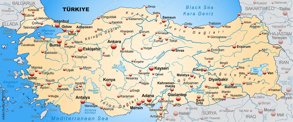 Landkarte der Türkei mit Umland